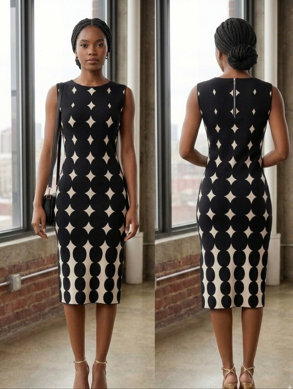 "New" Sleeveless Black and White Geometric Sheath Dress